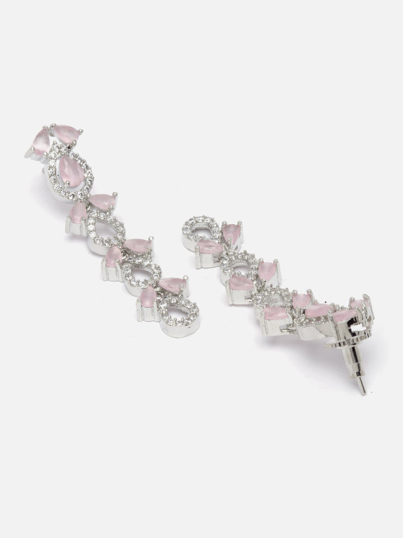 Rhodium-Plated Silver Toned Leaf Pink American Diamond Studded Long Necklace with Drop Earrings Jewellery Set