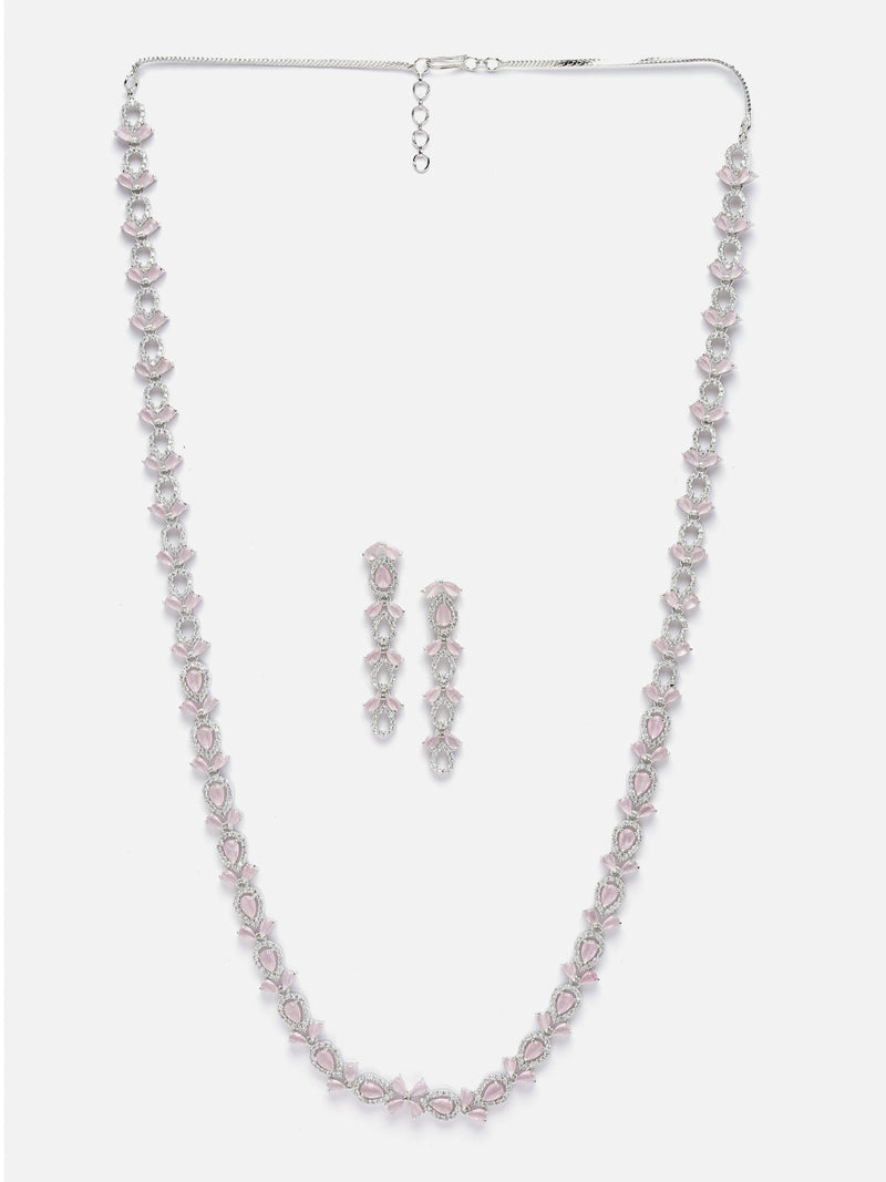 Rhodium-Plated Silver Toned Leaf Pink American Diamond Studded Long Necklace with Drop Earrings Jewellery Set