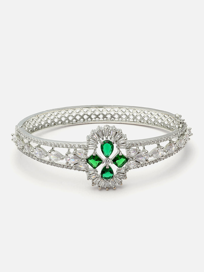 Rhodium-Plated Green American Diamond Studded Vector Theme Kada Bracelet
