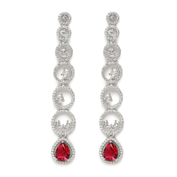 Rhodium-Plated Silver Toned Red & White American Diamond studded Circular Shaped Drop Earrings