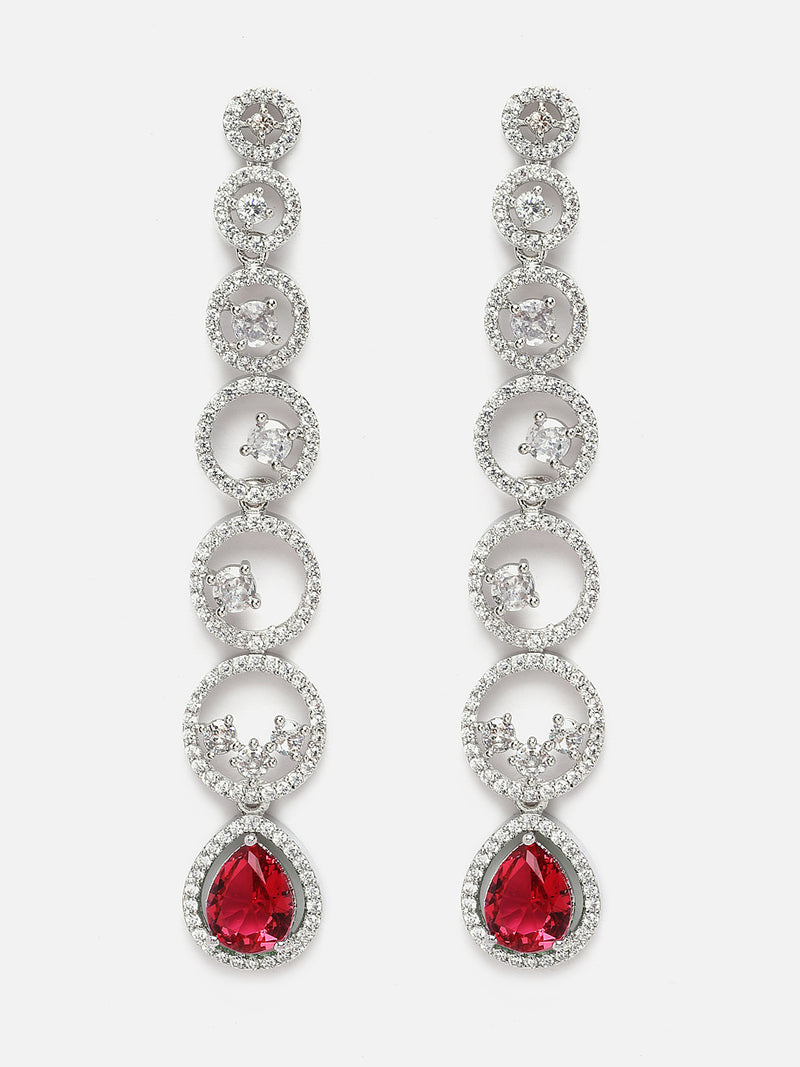 Rhodium-Plated Silver Toned Red & White American Diamond studded Circular Shaped Drop Earrings