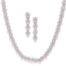Rhodium-Plated Silver Toned Leaf Pink American Diamond Studded Long Necklace with Drop Earrings Jewellery Set