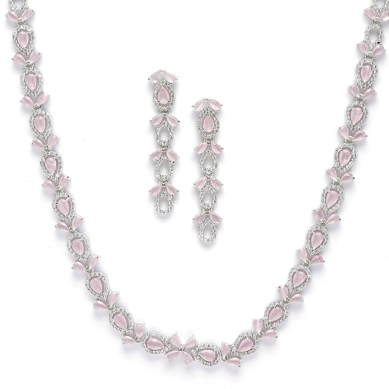 Rhodium-Plated Silver Toned Leaf Pink American Diamond Studded Long Necklace with Drop Earrings Jewellery Set