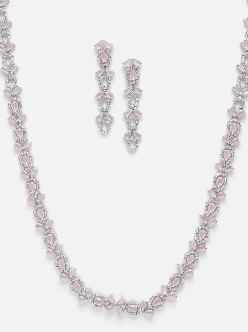 Rhodium-Plated Silver Toned Leaf Pink American Diamond Studded Long Necklace with Drop Earrings Jewellery Set