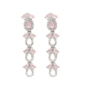 Rhodium-Plated Silver Toned Leaf Pink American Diamond Studded Long Necklace with Drop Earrings Jewellery Set
