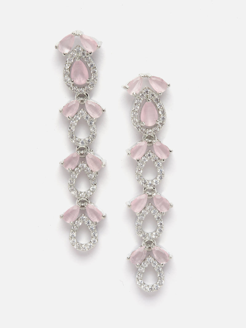 Rhodium-Plated Silver Toned Leaf Pink American Diamond Studded Long Necklace with Drop Earrings Jewellery Set