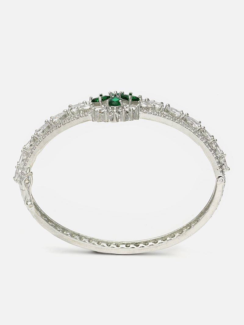 Rhodium-Plated Green American Diamond Studded Vector Theme Kada Bracelet