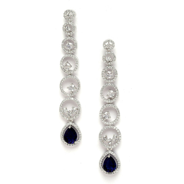 Rhodium-Plated Silver Toned Navy Blue & White American Diamond studded Circular Shaped Drop Earrings