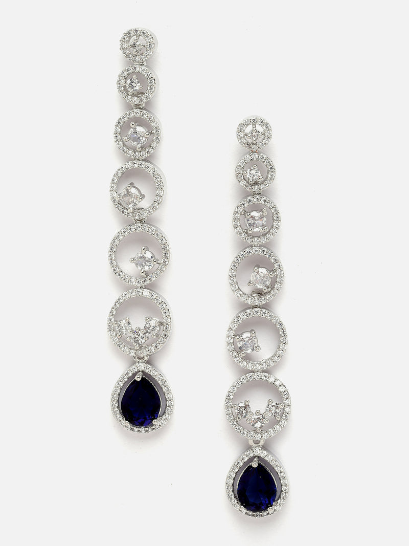 Rhodium-Plated Silver Toned Navy Blue & White American Diamond studded Circular Shaped Drop Earrings