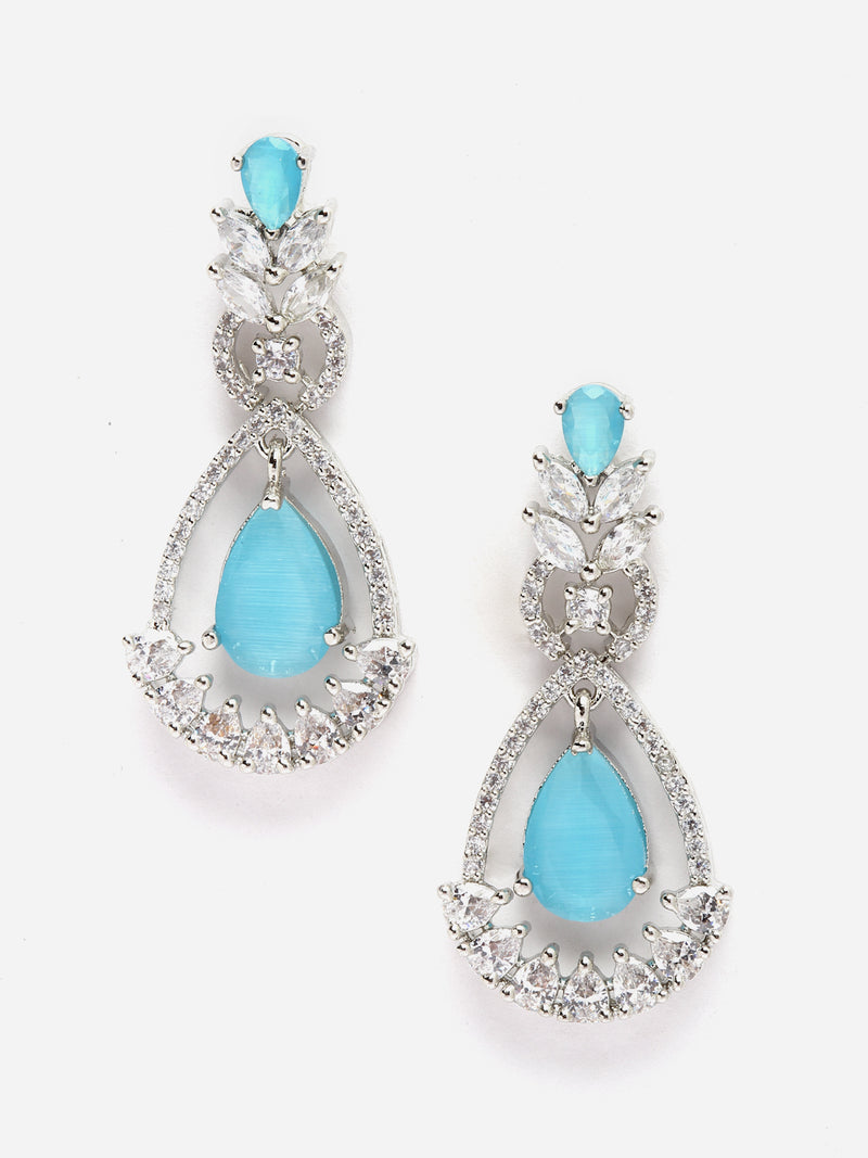 Rhodium-Plated Sky Blue American Diamond studded Teardrop & Leaf Shaped Drop Earrings