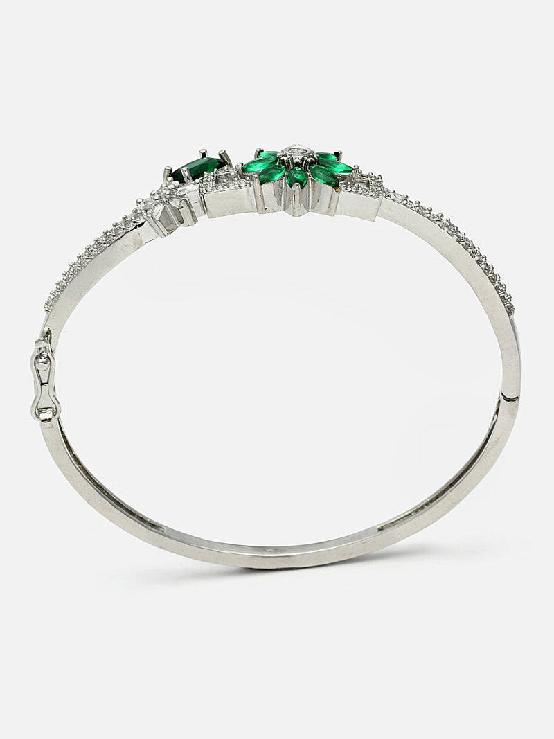 Rhodium-Plated Green Flower & Square Shape American Diamond Studded Kada Bracelet