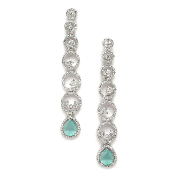 Rhodium-Plated Silver Toned Sea Green & White American Diamond studded Circular Shaped Drop Earrings