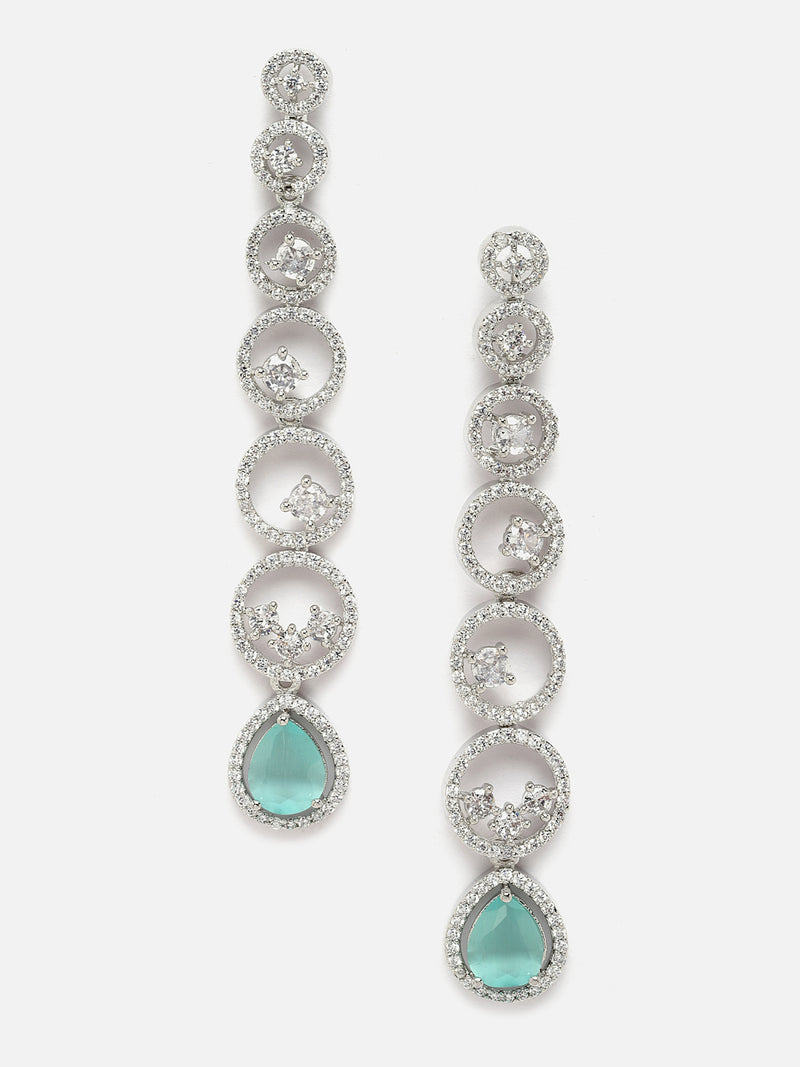 Rhodium-Plated Silver Toned Sea Green & White American Diamond studded Circular Shaped Drop Earrings