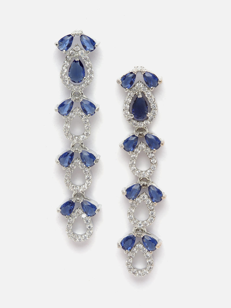 Rhodium-Plated Silver Toned Leaf Navy Blue American Diamond Studded Long Necklace with Drop Earrings Jewellery Set