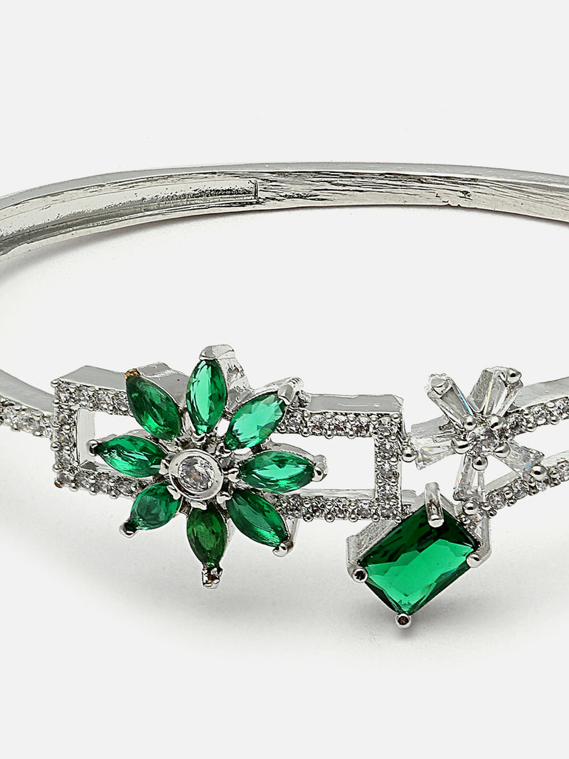 Rhodium-Plated Green Flower & Square Shape American Diamond Studded Kada Bracelet