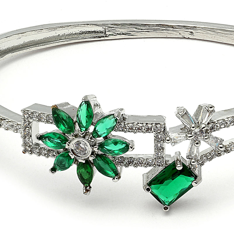 Rhodium-Plated Silver Toned Emerald Green American Diamond Studded Bracelet
