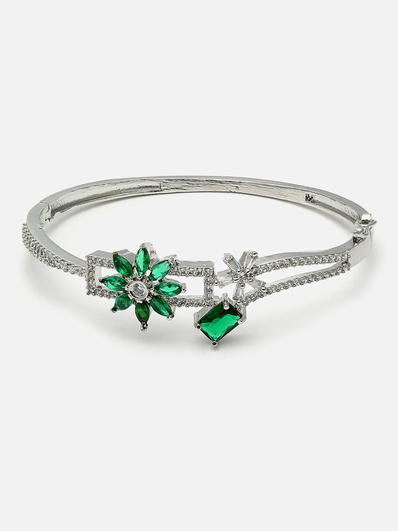 Rhodium-Plated Green Flower & Square Shape American Diamond Studded Kada Bracelet