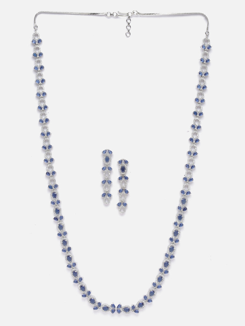 Rhodium-Plated Silver Toned Leaf Navy Blue American Diamond Studded Long Necklace with Drop Earrings Jewellery Set