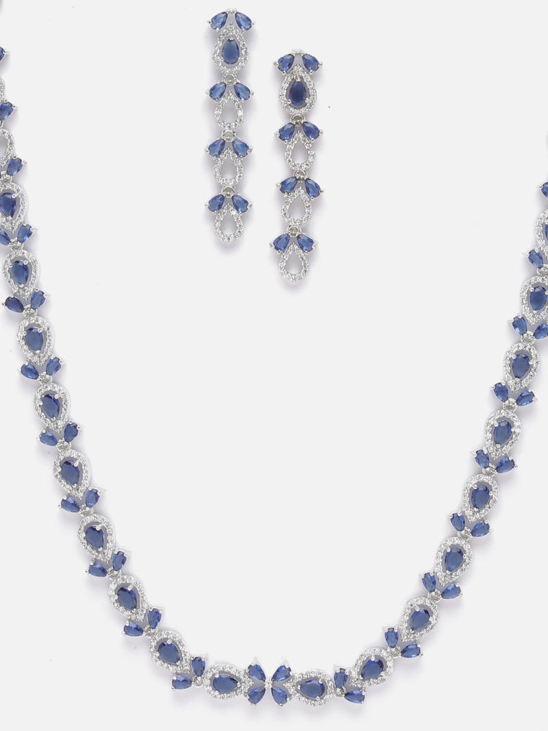 Rhodium-Plated Silver Toned Leaf Navy Blue American Diamond Studded Long Necklace with Drop Earrings Jewellery Set