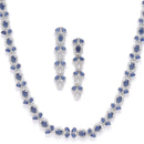 Rhodium-Plated Silver Toned Leaf Navy Blue American Diamond Studded Long Necklace with Drop Earrings Jewellery Set