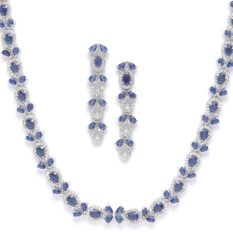 Rhodium-Plated Silver Toned Leaf Navy Blue American Diamond Studded Long Necklace with Drop Earrings Jewellery Set