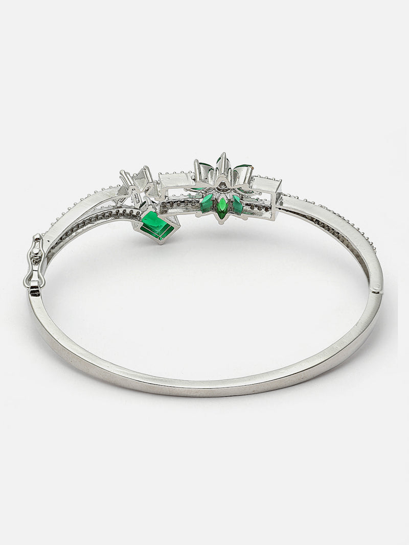 Rhodium-Plated Green Flower & Square Shape American Diamond Studded Kada Bracelet