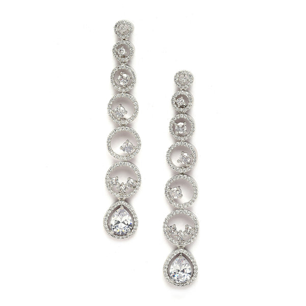 Rhodium-Plated Silver Toned White American Diamond studded Circular Shaped Drop Earrings