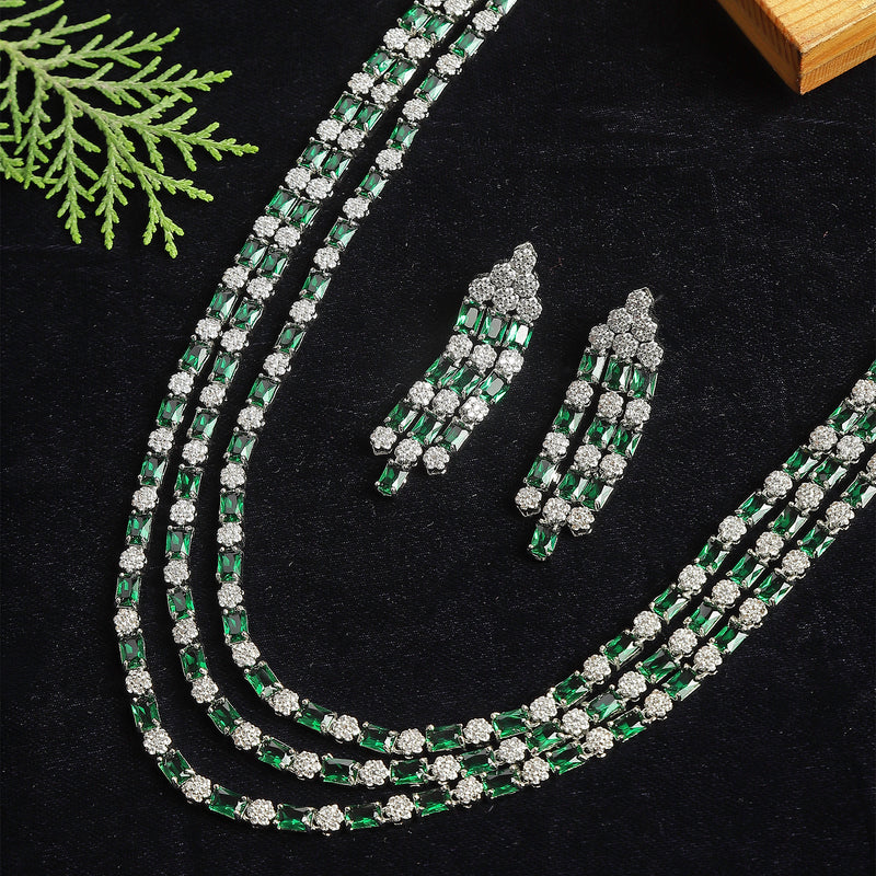 Rhodium-Plated Green American Diamond Studded Layered Necklace & Earrings Jewellery Set