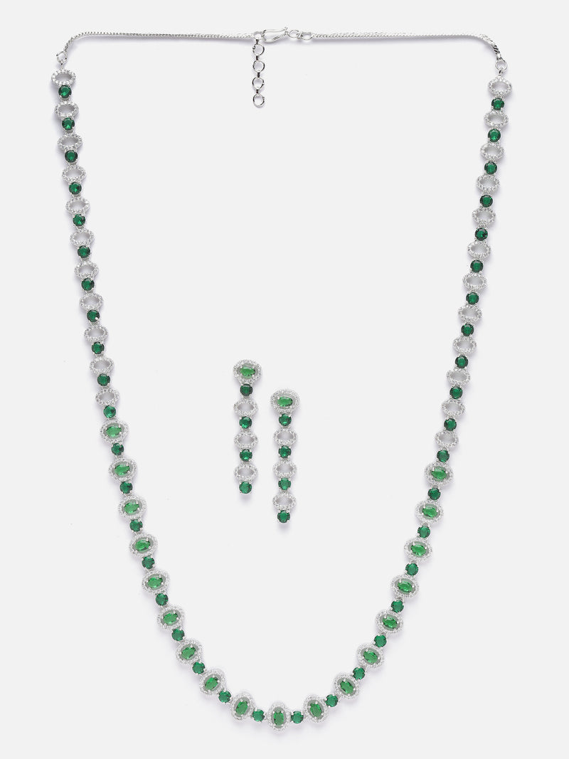 Rhodium-Plated Silver Toned Oval Green American Diamond Long Necklace with Earrings Jewellery Set