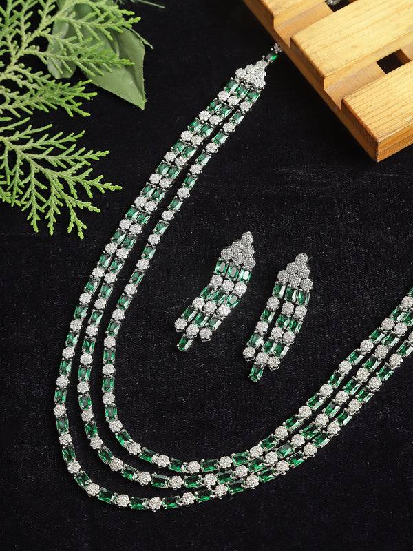 Rhodium-Plated Green American Diamond Studded Layered Necklace & Earrings Jewellery Set