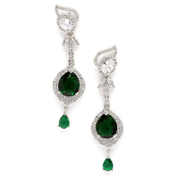 Rhodium-Plated Green & White American Diamond studded Handcrafted Teardrop Drop Earrings