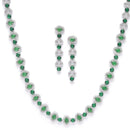 Rhodium-Plated Silver Toned Oval Green American Diamond Long Necklace with Earrings Jewellery Set