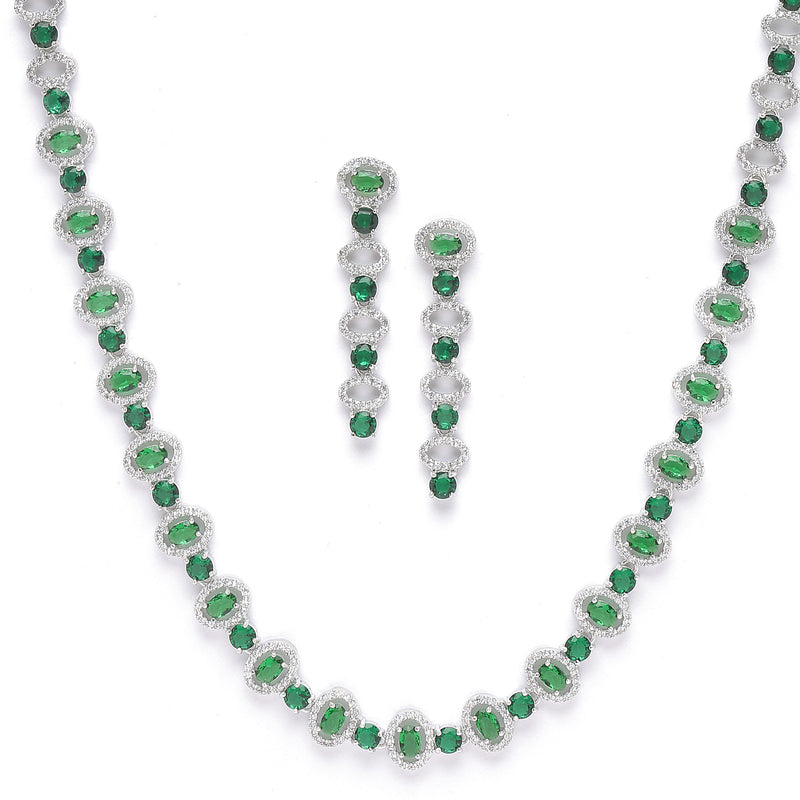 Rhodium-Plated Silver Toned Oval Green American Diamond Long Necklace with Earrings Jewellery Set