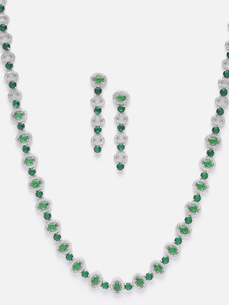 Rhodium-Plated Silver Toned Oval Green American Diamond Long Necklace with Earrings Jewellery Set