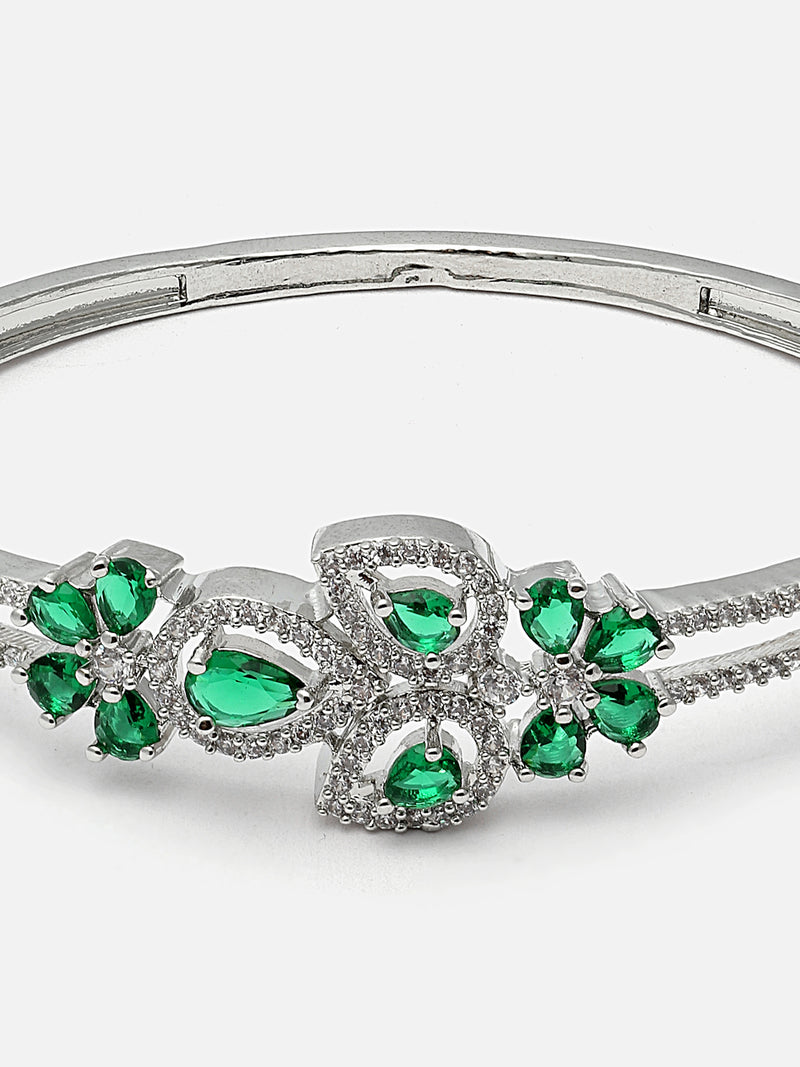 Rhodium-Plated Green American Diamond Studded Leaf Shaped Kada Bracelet