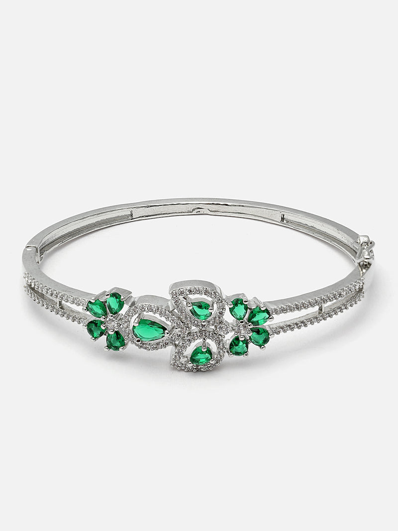 Rhodium-Plated Green American Diamond Studded Leaf Shaped Kada Bracelet