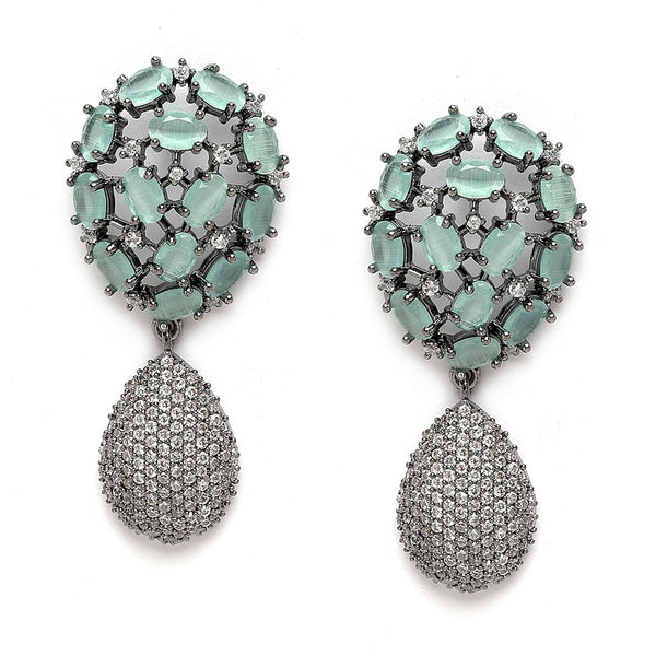 Rhodium-Plated Gunmetal Toned Sea Green American Diamond Teardrop Shaped Drop Earrings