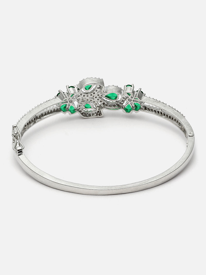 Rhodium-Plated Green American Diamond Studded Leaf Shaped Kada Bracelet