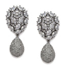 Rhodium-Plated Gunmetal Toned White American Diamond Teardrop Shaped Drop Earrings