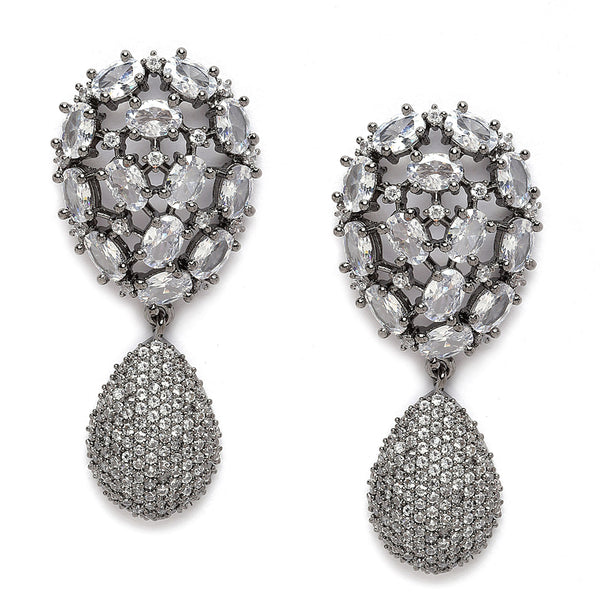 Rhodium-Plated Gunmetal Toned White American Diamond Teardrop Shaped Drop Earrings