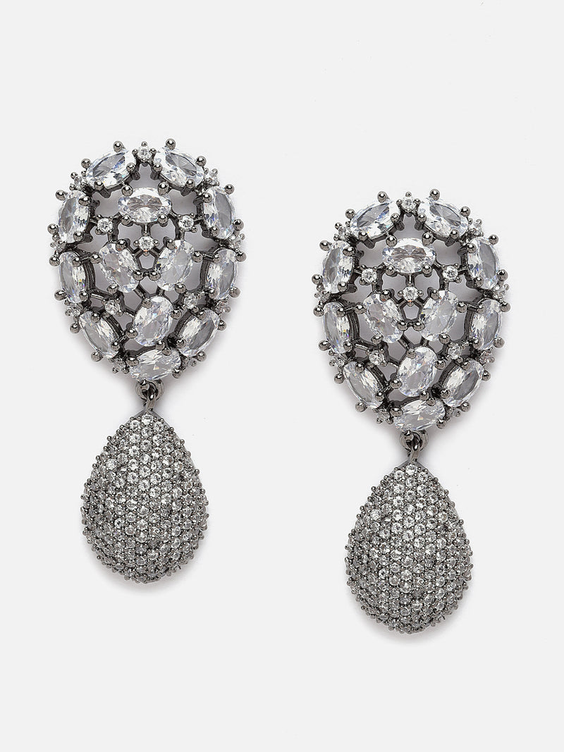 Rhodium-Plated Gunmetal Toned White American Diamond Teardrop Shaped Drop Earrings