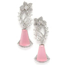 Rhodium-Plated Pink & White American Diamond studded Floral Theme Drop Earrings