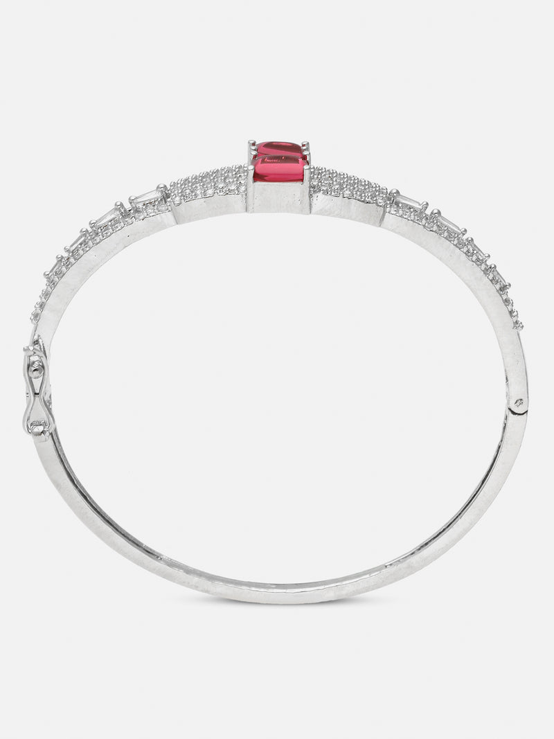 Rhodium-Plated Red Square Shape American Diamond Studded Kada Bracelet