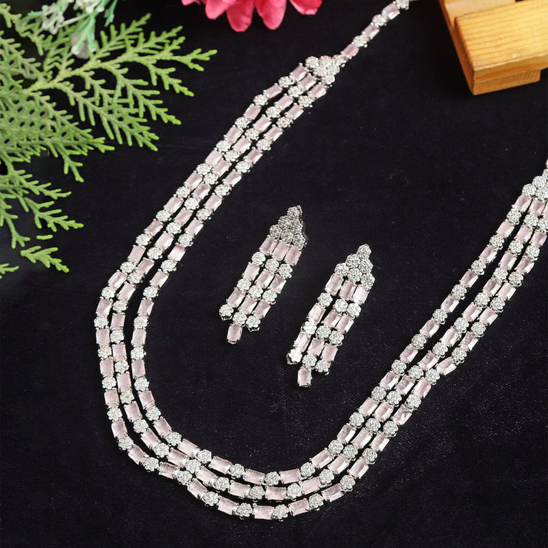 Rhodium-Plated Pink American Diamond Studded Layered Necklace & Earrings Jewellery Set