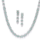 Rhodium-Plated Silver Toned Circular Sea Green American Diamond Long Necklace with Earrings Jewellery Set
