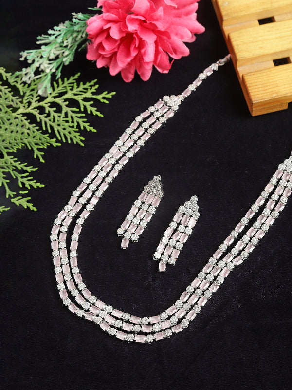 Rhodium-Plated Pink American Diamond Studded Layered Necklace & Earrings Jewellery Set