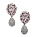 Rhodium-Plated Gunmetal Toned Pink American Diamond Teardrop Shaped Drop Earrings