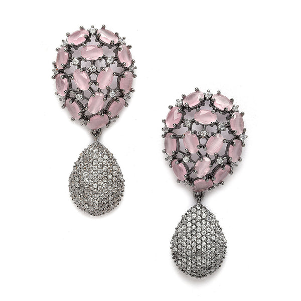 Rhodium-Plated Gunmetal Toned Pink American Diamond Teardrop Shaped Drop Earrings