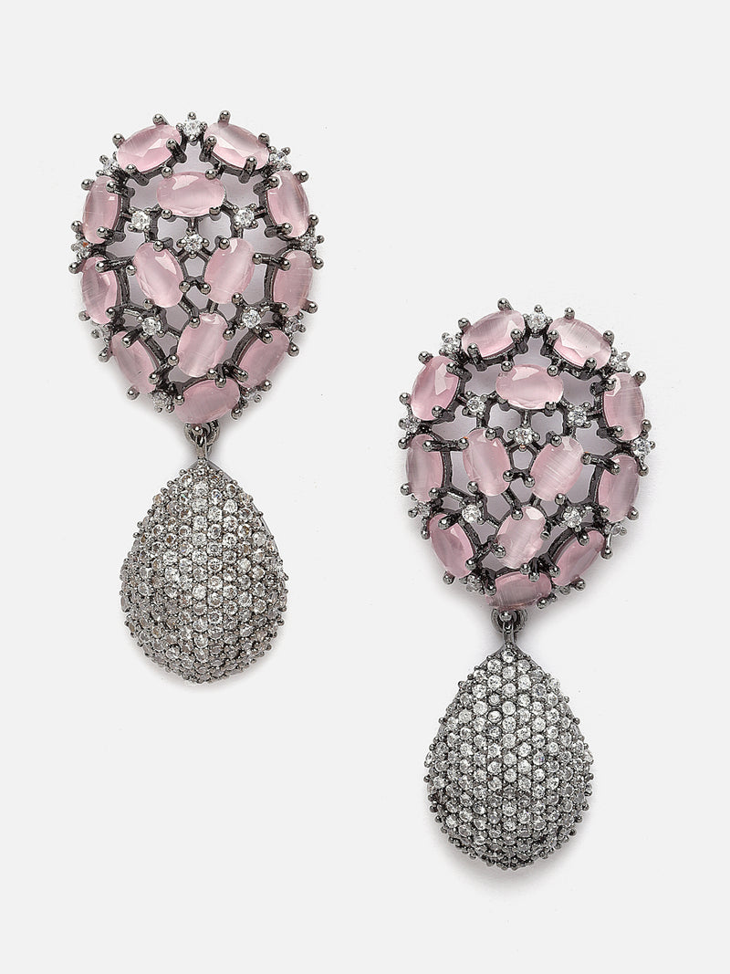Rhodium-Plated Gunmetal Toned Pink American Diamond Teardrop Shaped Drop Earrings