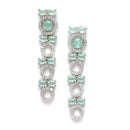 Rhodium-Plated Silver Toned Circular Sea Green American Diamond Long Necklace with Earrings Jewellery Set